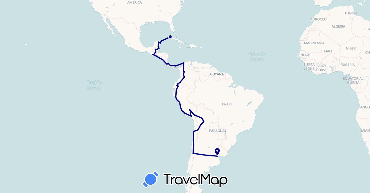 TravelMap itinerary: driving in Argentina, Bolivia, Belize, Chile, Colombia, Costa Rica, Cuba, Ecuador, Guatemala, Mexico, Nicaragua, Panama, Peru, El Salvador (North America, South America)